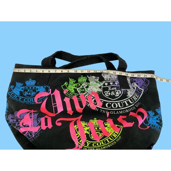 Juicy Couture Black Canvas Viva La Juicy Tote Bag With Multicolor Print` - Picture 5 of 8